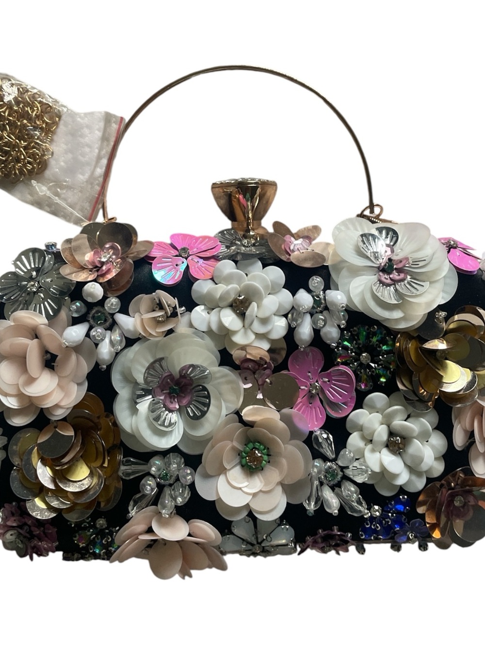 bebe Floral Sequin & Pearl Embellished Clutch - Pink, White, Gold, Green, Silver